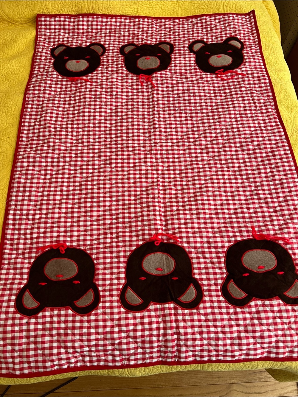 Red Gingham Bear Applique Quilted Throw